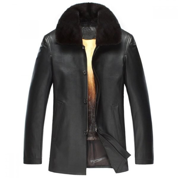 Men Black Fur Collar Leather Jacket