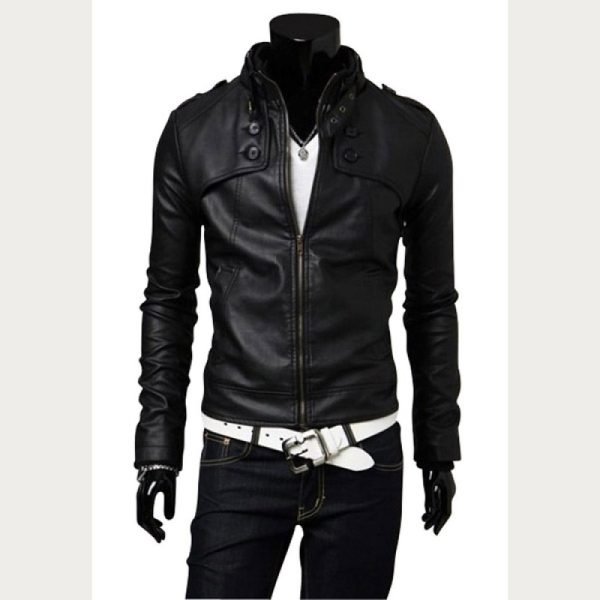 Men Casual Black Slim Fit Leather Jacket