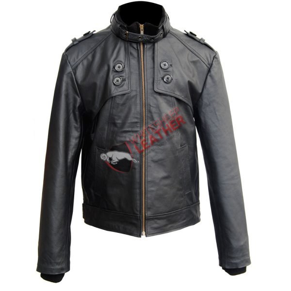 Men's Front Button Panel Slim Fit Leather Jacket
