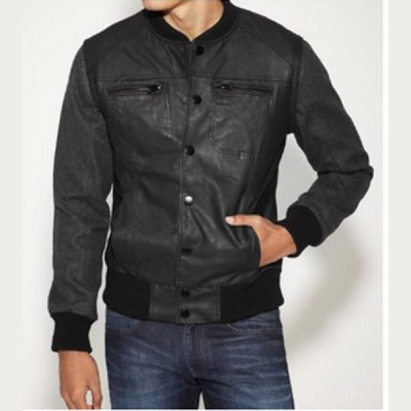 Men Black Collarless Bomber Leather Jacket