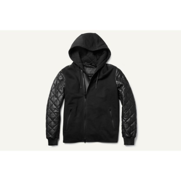 Men Black Hoodies Bomber Leather Jacket