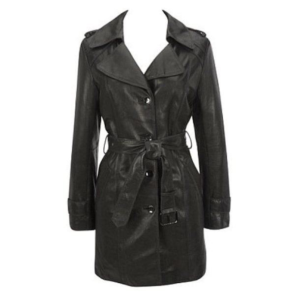 Women Black Belted Leather Coat