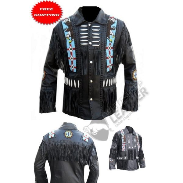 Eagle Desgin Beaded Bone Leather Jacket