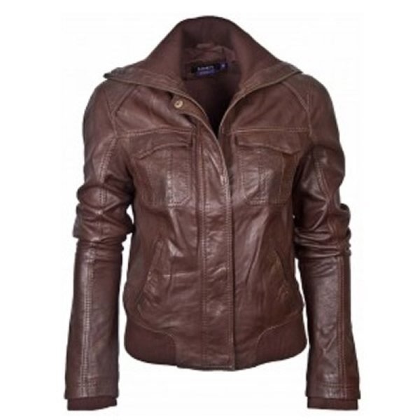 Ladies Brown Bomber Leather Jacket