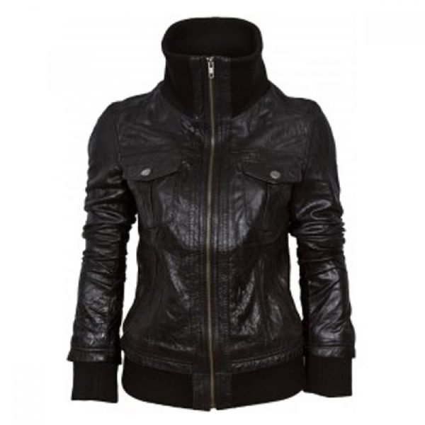 Black Double Pocket Bomber Leather Jacket