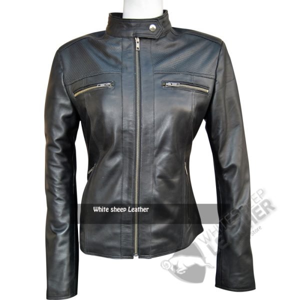 Women Black Perforated Style Leather Jacket