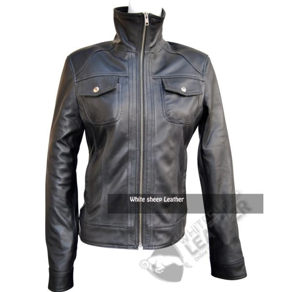 Women Four Pockets Style Leather Jacket
