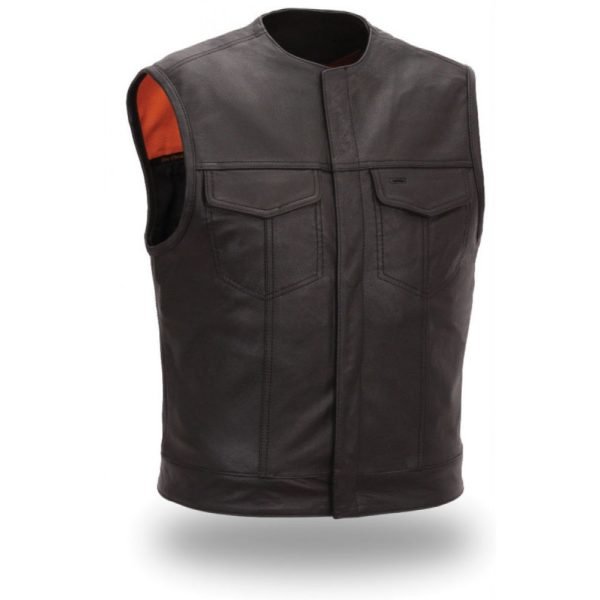 Men Two Front Flap Pockets Black Leather Vest
