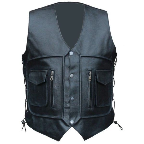 Casual Men Black Four Pocket Leather Vest