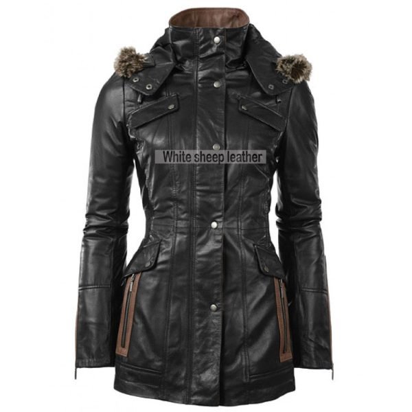 Women Four Flap Front Pockets Leather Coat