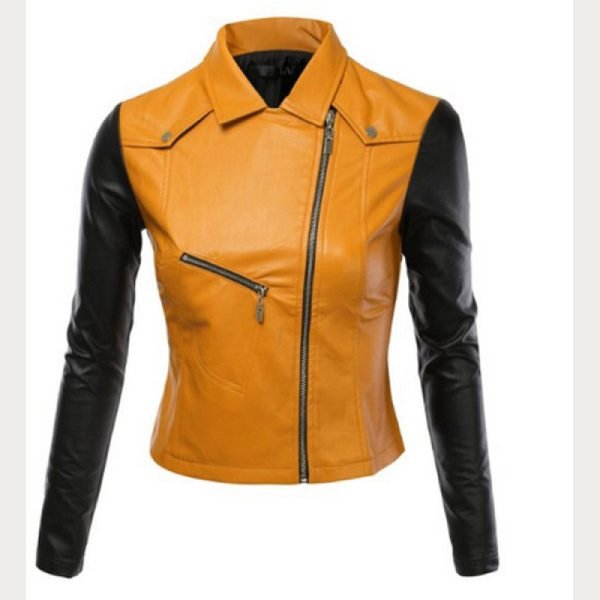 Women Black / Yellow Biker Leather Jacket