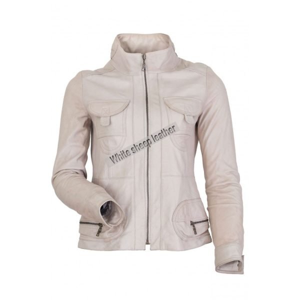 Women Two Front Flap Pockets Leather Jacket