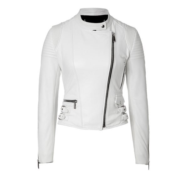 Women White Quilted Zippers Leather Jacket